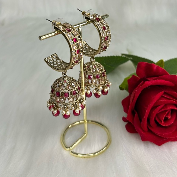 Elegant Hot Pink And Gold Jhumka Earrings - Picture 5 of 8